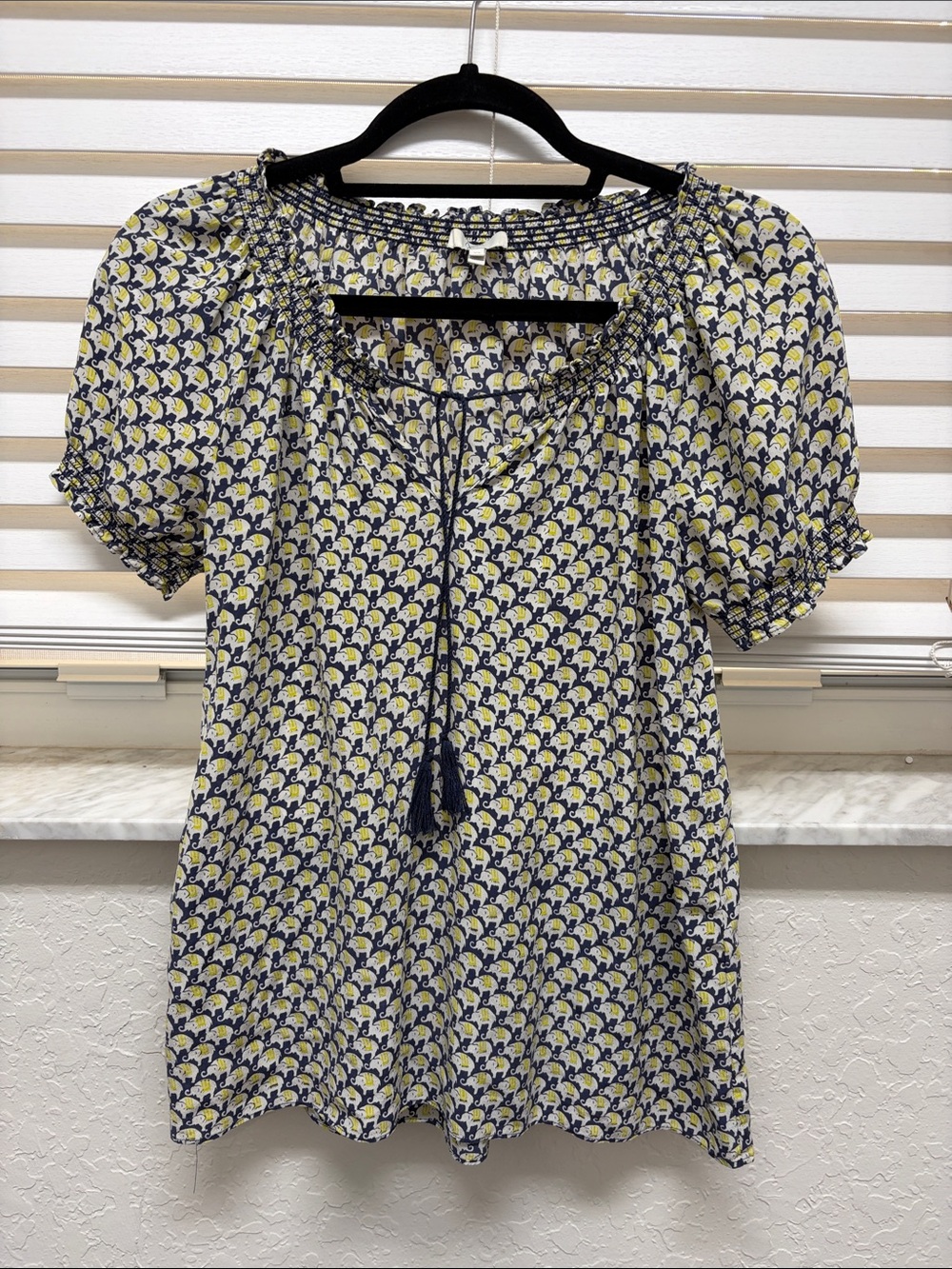 Joie Navy and Yellow Printed Peasant Blouse